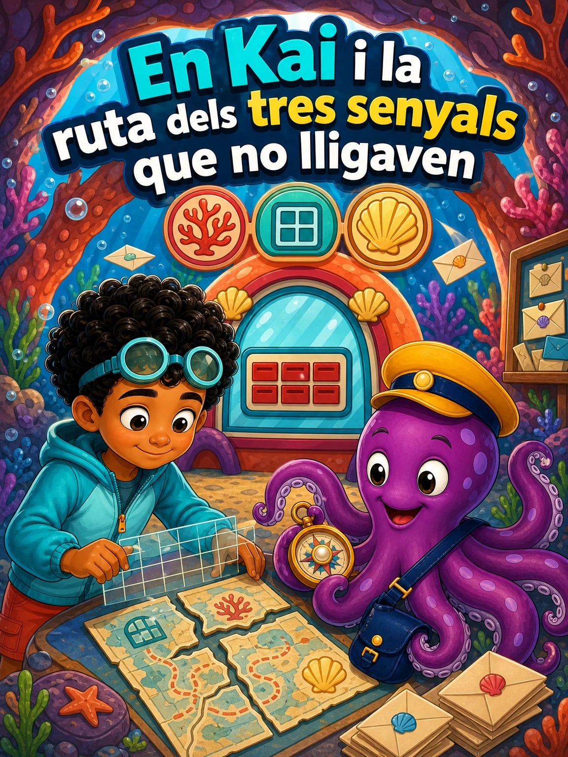 En Kai i el Pop carter sostenen el mapa reparat dins la colorida oficina de correus de l’escull.