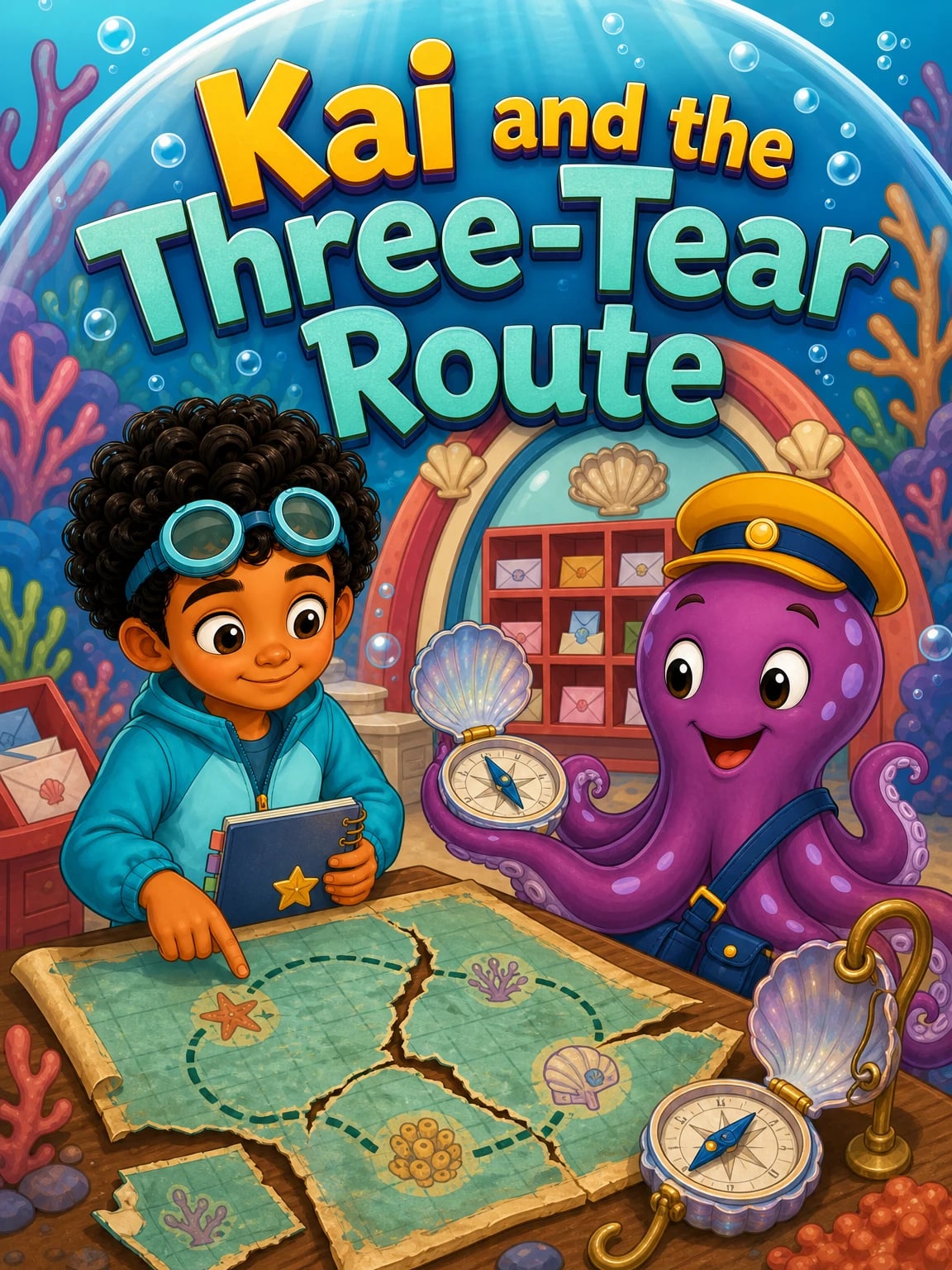Kai and the octopus postmaster hold a repaired route map inside the colorful coral reef post office.