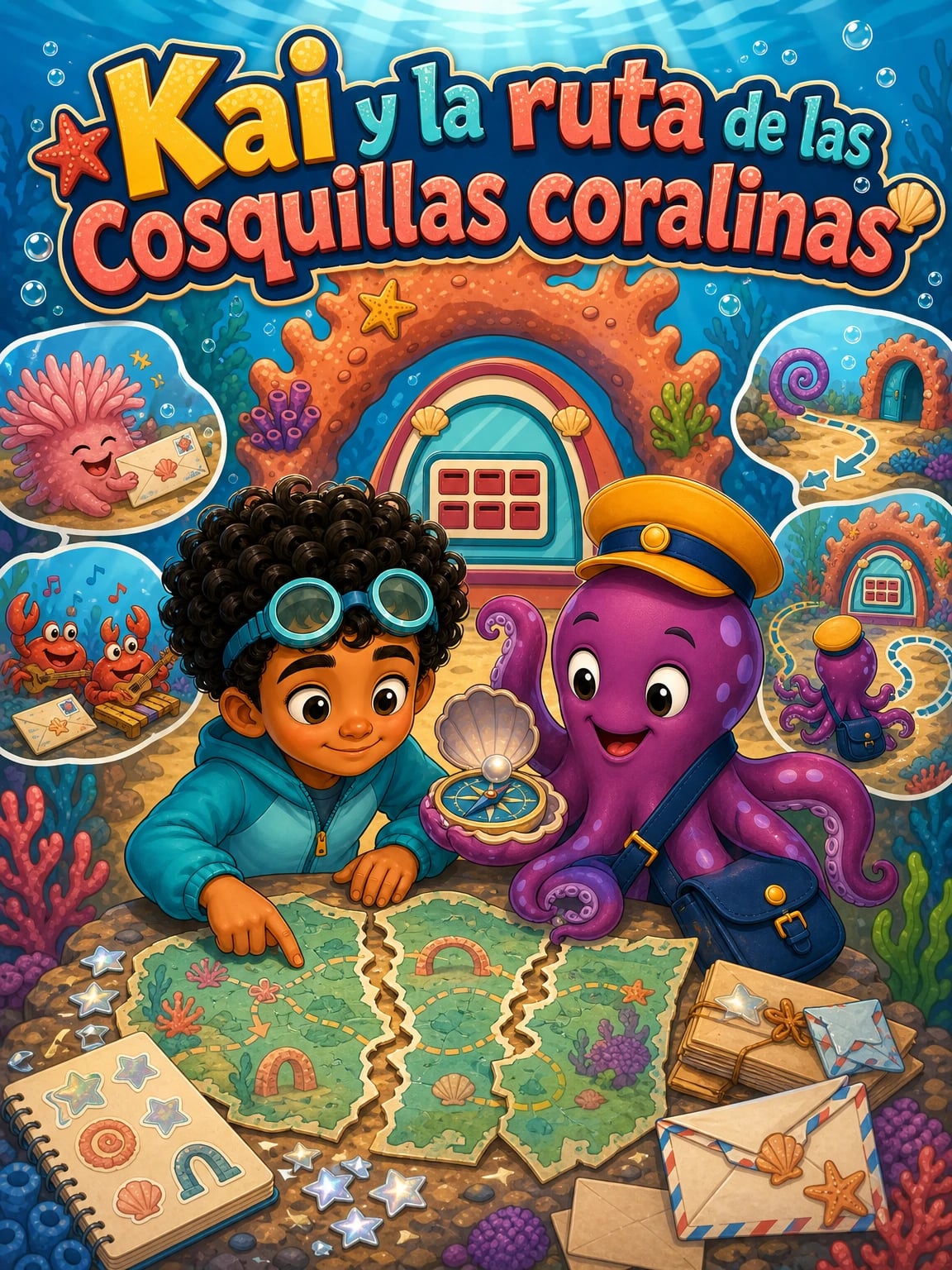 Kai y el Pulpo cartero sostienen el mapa reparado dentro de la colorida oficina de correos del arrecife.