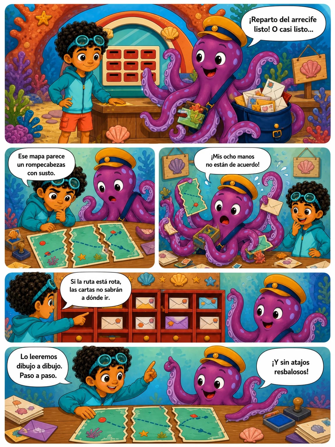 Página 1 del cómic Kai y la ruta de las cosquillas coralinas.