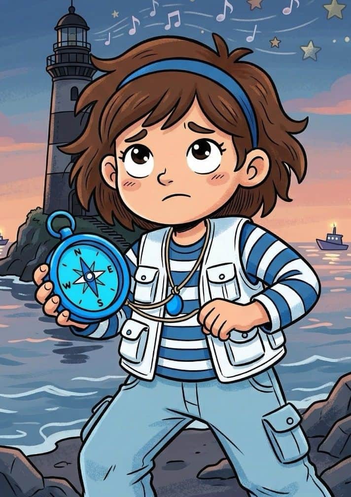 Portada il·lustrada d'un far alt en una costa rocosa sota un cel ampli